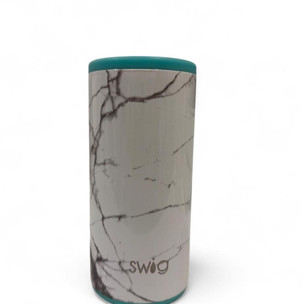Swig Life White Marble Slim Can Insulated Seltzer Cooler Koozie Teal Trim 12oz